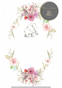 Invitație Botez B219 - Elefănțel cu Coroniță Florală Roz-Mov
