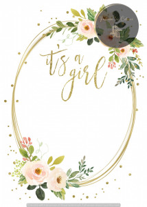 Invitație Botez B50 - It's a Girl cu Cadru Oval Auriu și Flori Roz-Somon Deschise