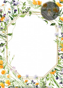 Invitație Botez B90 - Cadru Geometric Auriu cu Flori de Câmp Multicolore
