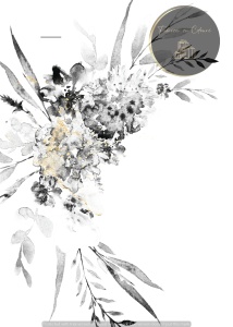 Invitație nuntă alb-negru cu flori delicate