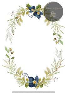 Invitație nuntă albă cu coroană florală albă și albastră
