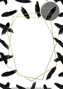 Invitație nuntă albă cu pene negre și ramă geometrică aurie