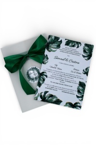 Invitație nuntă cu fundiță verde și sticker personalizat