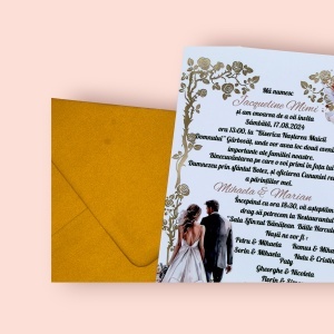 Invitație nuntă cu plic auriu și design romantic - Img 2