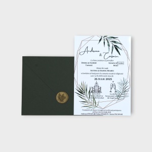 Invitație Nuntă cu Plic Verde Închis și Sigiliu Bronz – Design Elegant cu Frunze Verzi