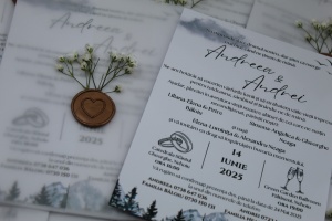 Invitație Nuntă cu Vellum Transparent, Sigiliu Ceară și Peisaj Montan - Img 2