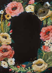 Invitație nuntă florală colorată cu centru negru mat