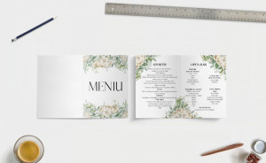 Meniu nuntă tip carte floral crem și verde – design elegant