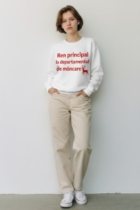 Pulover roșu Crăciun unisex – „Ren principal la departamentul de mâncare” – model amuzant