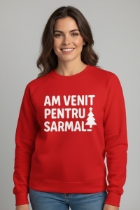 Pulover roșu de Crăciun – „Am venit pentru sarmale” – model amuzant, disponibil pe fabricacucadouri.ro