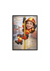 Ramă Foto Caricatură Pompier Femeie – Tablou Caricatură Amuzantă Personalizată, Cadou Original