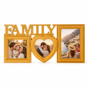 Ramă foto colaj Family cu inimă, auriu – 3 fotografii incluse