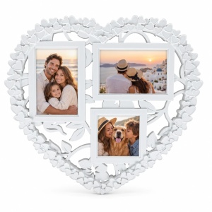 Ramă foto colaj Inimă cu inimi decorative, alb – 3 fotografii incluse