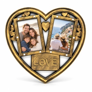 Ramă foto colaj Love cu inimi pereche, auriu antichizat – 2 fotografii incluse