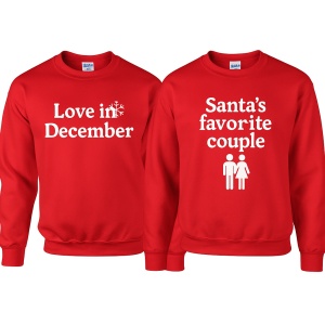 Set pulovere cuplu – Love in December & Santa’s Favorite Couple. Perfect pentru poze, cadouri și Crăciun romantic. Disponibil pe fabricacucadouri.ro