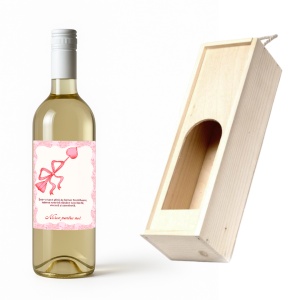 Sticlă de Vin Alb Personalizată Valentine’s Day cu Mesaj Romantic și Cutie din Lemn