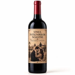 Sticlă de vin personalizată cu poză „Vinul întâlnirilor noastre” – Valentine’s Day