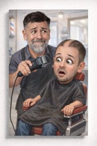 Tablou Canvas Caricatură Frizer Amuzant – Portret Personalizat cu Reacție Comică