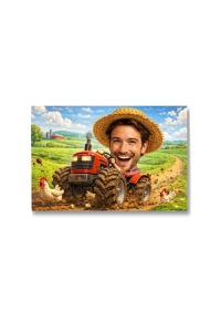 Tablou Canvas Fermier Vesel pe Tractor – Caricatură Amuzantă de Fermă