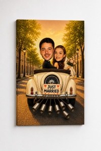 Tablou Canvas Personalizat Nuntă – Just Married, Cuplu în Mașină Vintage – Cadou Miri