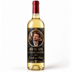 Vin alb personalizat aniversar – 40 de ani – Clasă și caracter | Cu poză