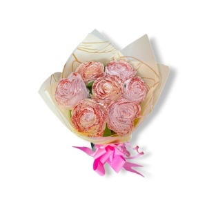 Buchet trandafiri satin roz pal și crem cu glitter – cadou romantic elegant | flori artificiale premium