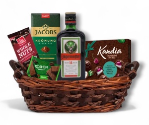 Coș Cadou Green cu Jägermeister, Cafea Jacobs și Dulciuri Premium