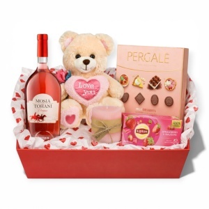 Cutie Cadou Romantică pentru Ea cu Vin, Ciocolată și Ursuleț – Cadou Special pentru Femei