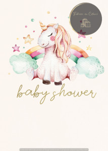Invitație Botez B220 - Unicorn Adorabil cu Curcubeu și Nori Pastelați