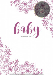 Invitație Botez B250 - Coronițe Florale Mov-Magenta în Stil Linear pe Alb
