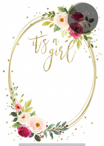 Invitație Botez B51 - It's a Girl cu Cadru Oval Auriu și Trandafiri Roz-Bordo