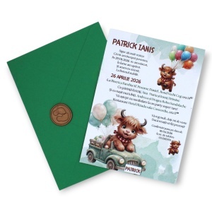 Invitație de botez personalizată cu plic verde și sigiliu de ceară – model ursuleț Patrick