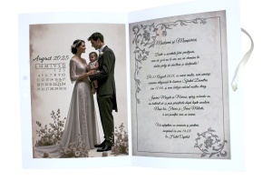 Invitație de nuntă florală bej cu fundă – model vintage elegant personalizat