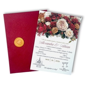 Invitație de nuntă florală cu plic bordo și sigiliu auriu | Fabrica cu Cadouri