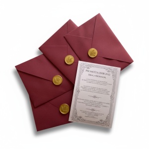 Invitație nuntă cu plic roșu bordeaux și sigiliu auriu