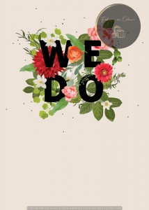 Invitație nuntă modernă cu text „We Do” și flori verzi