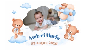 Magnet botez „Andrei Mario” personalizat cu poză, ursuleți și baloane albastre – o amintire specială pentru un botez de poveste