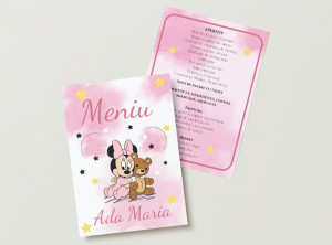Meniu botez fetiță Minnie Mouse roz – model adorabil cu ursuleț