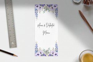 Meniu nuntă floral mov cu accente violet – model elegant pe carton premium