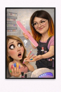 Ramă Foto Caricatură Amuzantă Clientă Salon Unghii – Portret Personalizat din Poză