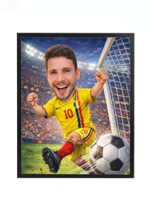 Ramă Foto Caricatură Fotbalist pe Stadion – Cadou Personalizat pentru Iubitorii de Fotbal