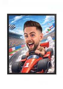 Ramă Foto Caricatură Pilot Formula 1 – Cadou Personalizat pentru Pasionații de Curse