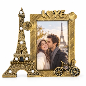 Ramă foto decorativă Paris cu bicicletă, auriu antichizat – 1 fotografie inclusă