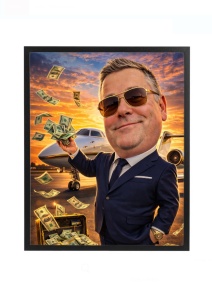 Ramă foto personalizată caricatură milionar cu avion privat – cadou amuzant după fotografie
