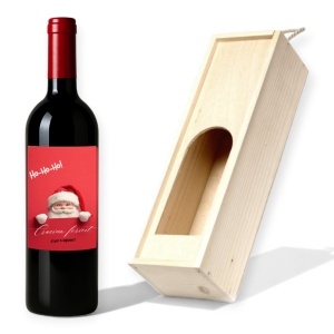 Sticlă de Vin Personalizată Crăciun „Ho-Ho-Ho” cu Moș Crăciun + Cutie de Lemn – Cadou Festiv și Original