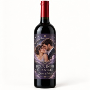 Sticlă de vin personalizată cu poză „Două inimi, o poveste” – Valentine’s Day