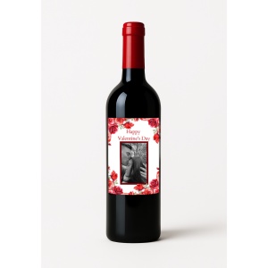 Sticlă de Vin Personalizată cu Poză „Happy Valentine’s Day” – Etichetă Florală