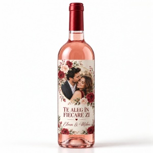 Sticlă de vin roze personalizată cu poză „Te aleg în fiecare zi” – Valentine’s Day
