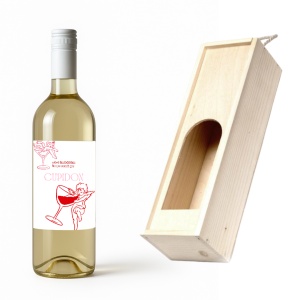 Sticlă de Vin Personalizată CUPIDON cu Cutie din Lemn – Cadou Romantic Valentine’s Day