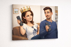 Tablou Canvas Caricatură Cuplu „Regina Casei” – Portret Amuzant Personalizat